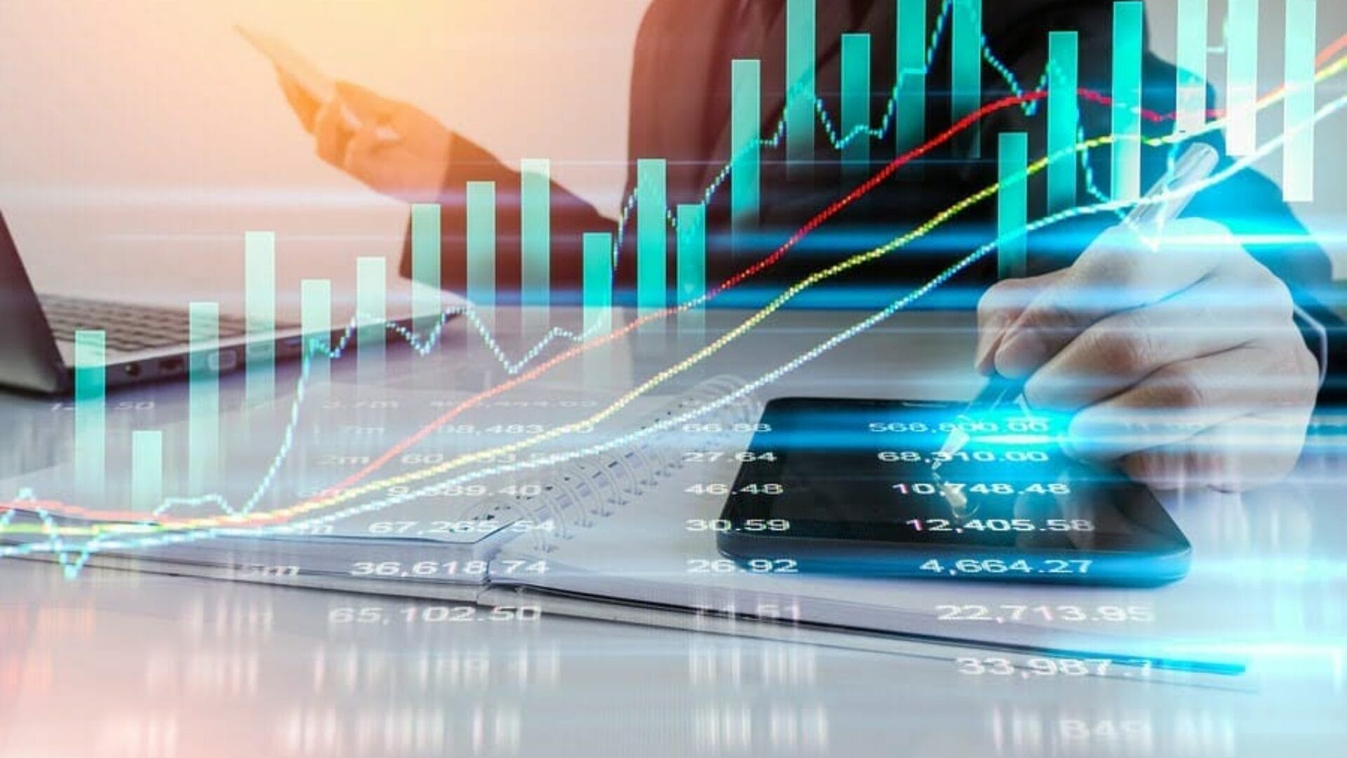 Business man on stock market data or financial analysis. Stock market graph. Stock market indicator. Stock market financial graph. Stock market analysis. Financial statistic analysis, business strategy, business content, business background